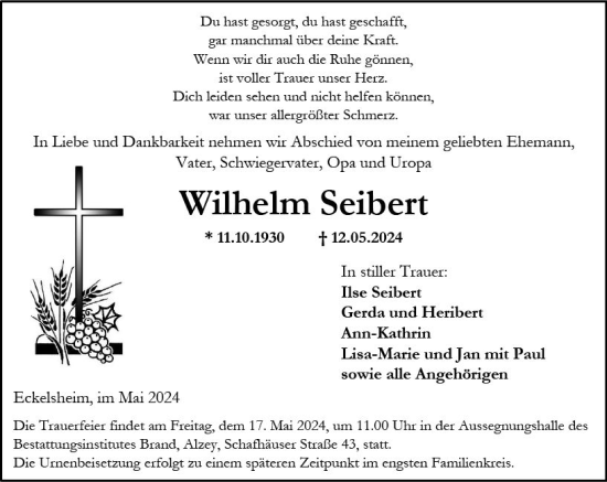 Traueranzeige von Wilhelm Seibert von Allgemeine Zeitung Alzey