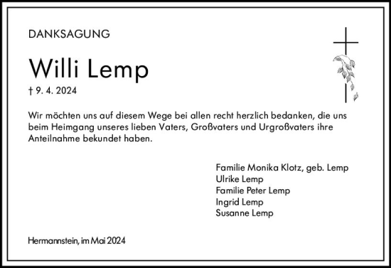 Traueranzeige von Willi Lemp von Wetzlarer Neue Zeitung