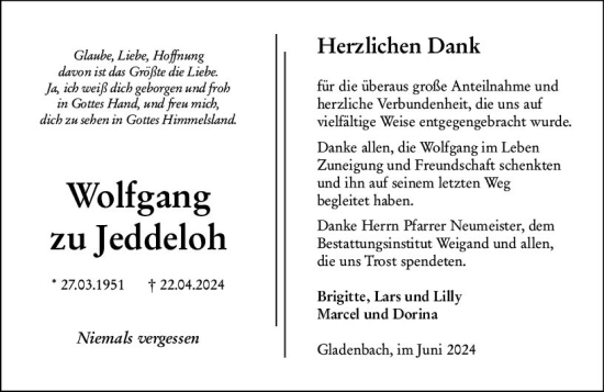 Traueranzeige von Wolfgang zu Jeddeloh von Hinterländer Anzeiger