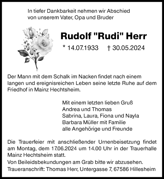 Traueranzeige von Rudolf Herr von Allgemeine Zeitung Mainz