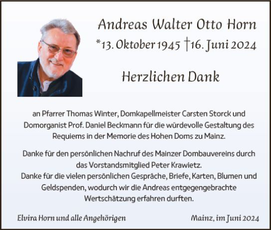 Traueranzeige von Andreas Walter Otto Horn von Allgemeine Zeitung Mainz