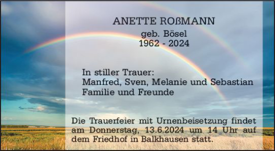 Traueranzeige von Anette Roßmann von Bergsträßer Anzeiger