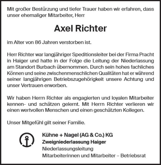 Traueranzeige von Axel Richter von Dill Block