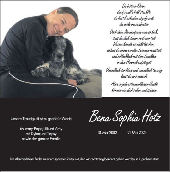 Traueranzeige von Bena Sophia Hotz von Allgemeine Zeitung Bingen/Ingelheim