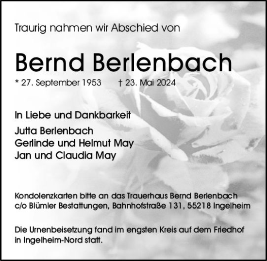 Traueranzeige von Bernd Berlenbach von Allgemeine Zeitung Bingen/Ingelheim