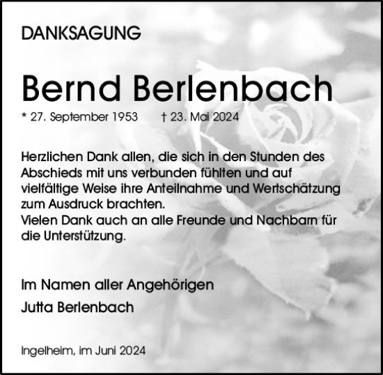 Traueranzeige von Bernd Berlenbach von Allgemeine Zeitung Bingen/Ingelheim