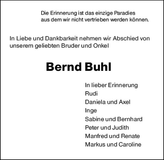 Traueranzeige von Bernd Buhl von Allgemeine Zeitung Mainz