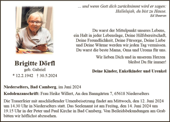 Traueranzeige von Brigitte Dörfl von Camberger Anzeiger