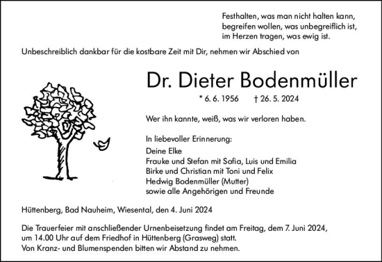 Traueranzeige von Dieter Bodenmüller von Wetzlarer Neue Zeitung