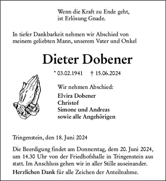 Traueranzeige von Dieter Dobener von Dill Block