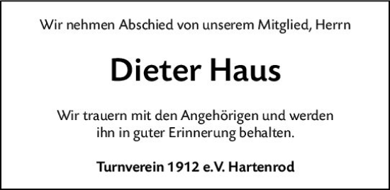 Traueranzeige von Dieter Haus von Hinterländer Anzeiger