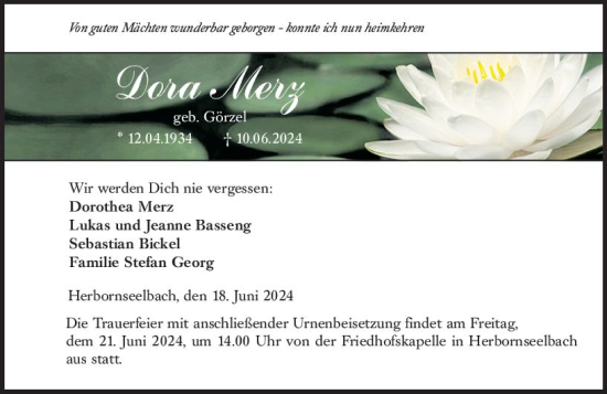 Traueranzeige von Dora Merz von Dill Block