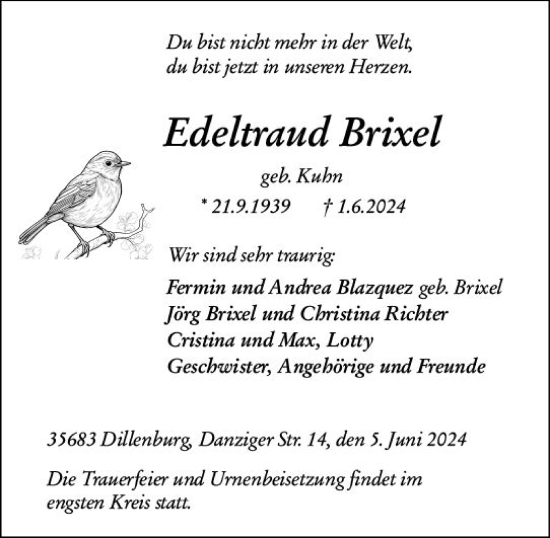Traueranzeige von Edeltraud Brixel von Dill Block