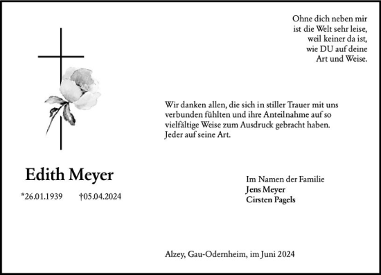 Traueranzeige von Edith Meyer von Allgemeine Zeitung Alzey