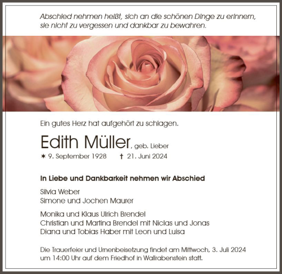 Traueranzeige von Edith Müller von Idsteiner Land/Untertaunus