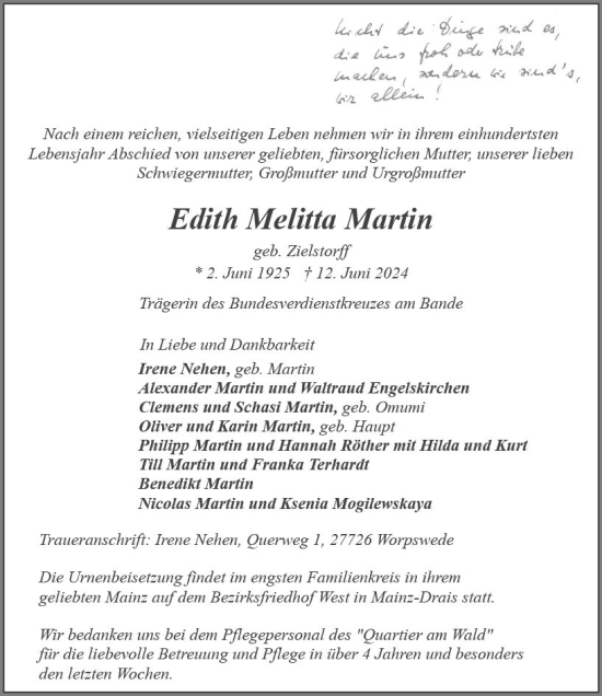 Traueranzeige von Edith Melitta Martin von Allgemeine Zeitung Mainz
