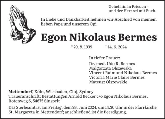 Traueranzeige von Egon Nikolaus Bermes von Wiesbadener Kurier