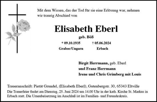 Traueranzeige von Elisabeth Eberl von Rheingau Kurier