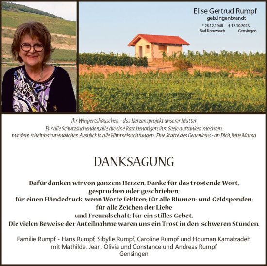 Traueranzeige von Elise Gertrud Rumpf von Allgemeine Zeitung Bingen/Ingelheim