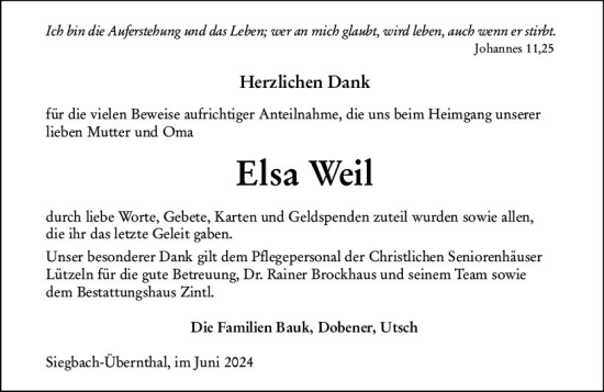 Traueranzeige von Elsa Weil von Dill Block