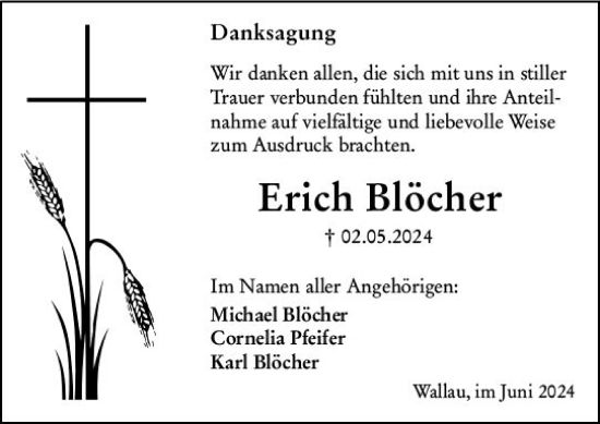 Traueranzeige von Erich Blöcher von Hinterländer Anzeiger
