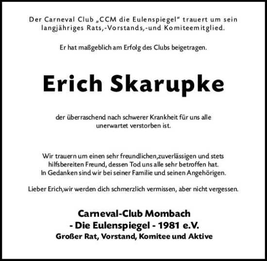 Traueranzeige von Erich Skarupke von Allgemeine Zeitung Mainz