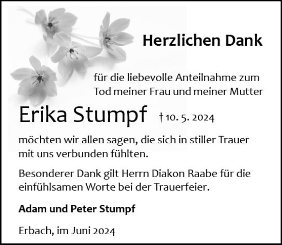 Traueranzeige von Erika Stumpf von Odenwälder Echo