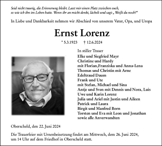 Traueranzeige von Ernst Lorenz von Dill Block