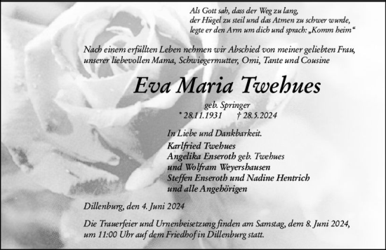 Traueranzeige von Eva Maria Twehues von Dill Block