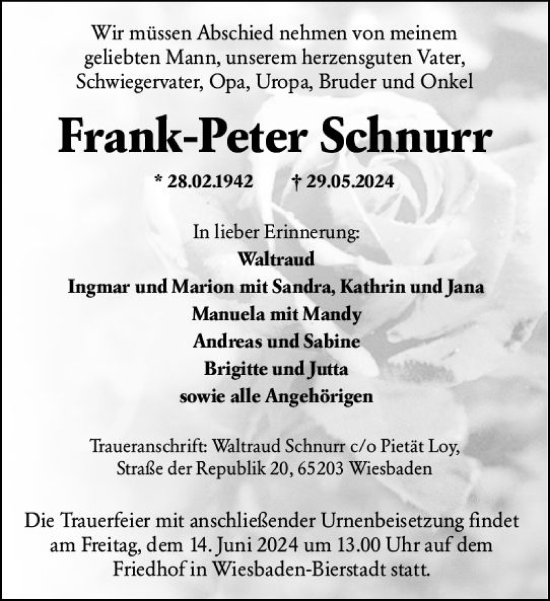 Traueranzeige von Frank-Peter Schnurr von Wiesbadener Kurier