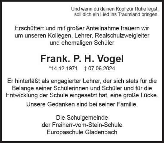 Traueranzeige von Frank  Vogel von Hinterländer Anzeiger