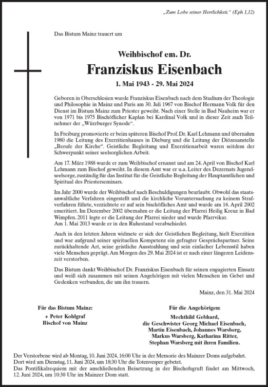 Traueranzeige von Franziskus Eisenbach von Allgemeine Zeitung Mainz