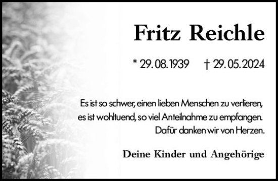 Traueranzeige von Fritz Reichle von Allgemeine Zeitung Mainz