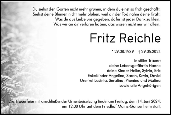 Traueranzeige von Fritz Reichle von Allgemeine Zeitung Mainz