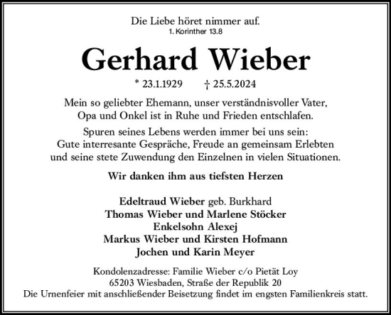 Traueranzeige von Gerhard Wieber von Wiesbadener Kurier