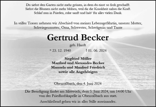 Traueranzeige von Gertrud Becker von Dill Block