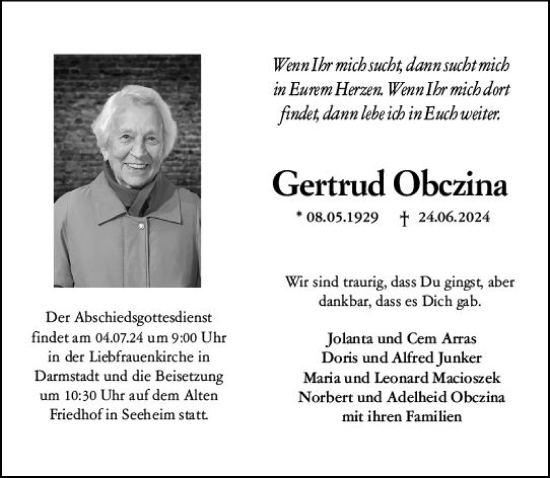 Traueranzeige von Gertrud Obczina von Darmstädter Echo