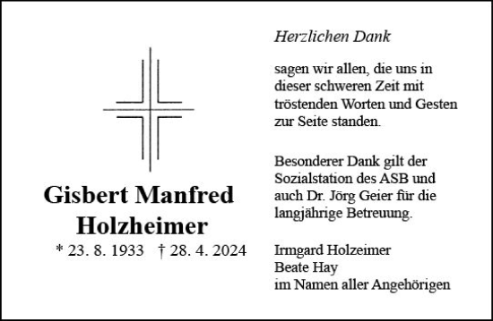 Traueranzeige von Gisbert Manfred Holzheimer von Allgemeine Zeitung Mainz