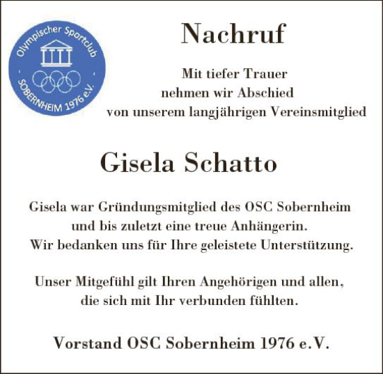Traueranzeige von Gisela Schatto von Allgemeine Zeitung Bad Kreuznach