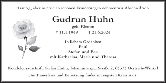 Traueranzeige von Gudrun Huhn von Rheingau Kurier