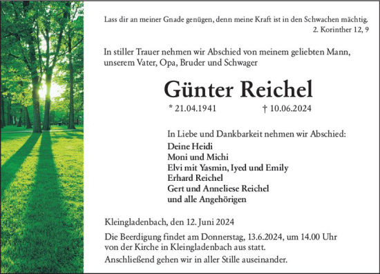 Traueranzeige von Günter Reichel von Hinterländer Anzeiger