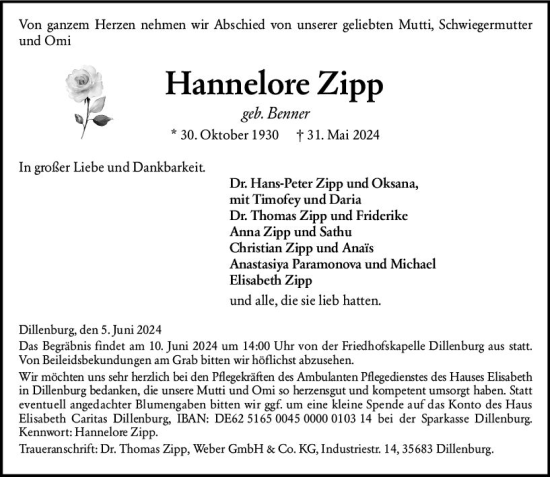 Traueranzeige von Hannelore Zipp von Dill Block