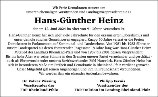 Traueranzeige von Hans-Günther Heinz von Allgemeine Zeitung Bad Kreuznach