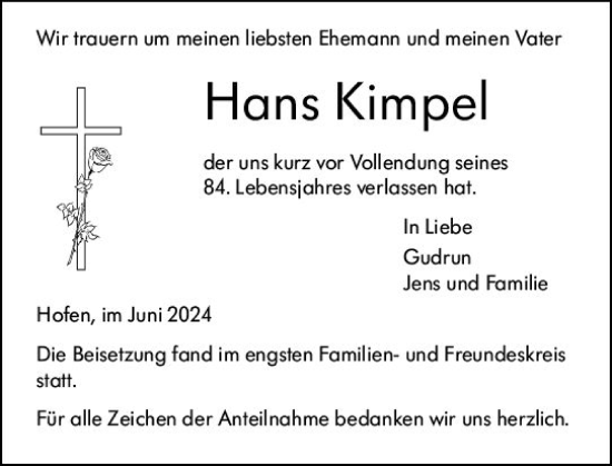 Traueranzeige von Hans Kimpel von Weilburger Tageblatt