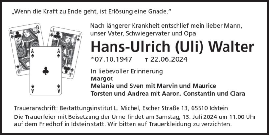 Traueranzeige von Hans-Ulrich Walter von Idsteiner Land/Untertaunus