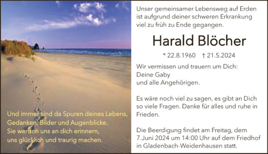 Traueranzeige von Harald Blöcher von Hinterländer Anzeiger