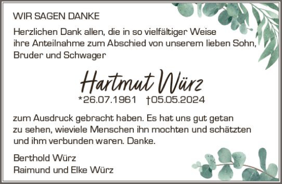 Traueranzeige von Hartmut Würz von Dill Block