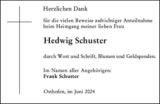 Traueranzeige von Hedwig Schuster von Wormser Zeitung