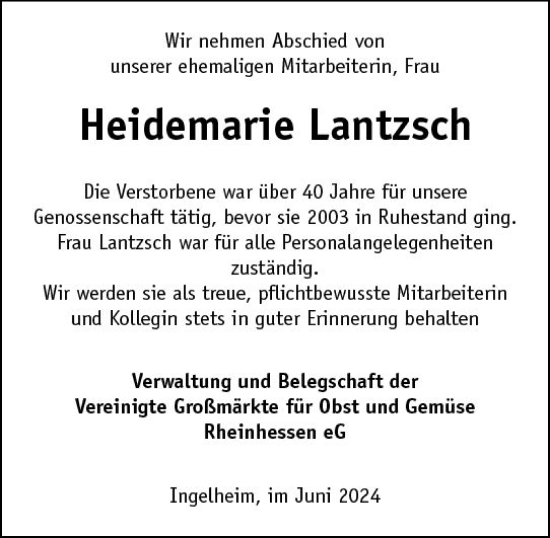 Traueranzeige von Heidemarie Lantzsch von Allgemeine Zeitung Bingen/Ingelheim