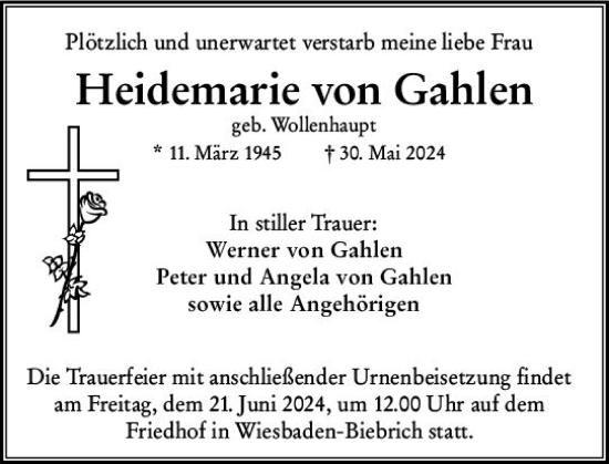 Traueranzeige von Heidemarie von Gahlen von Wiesbadener Kurier